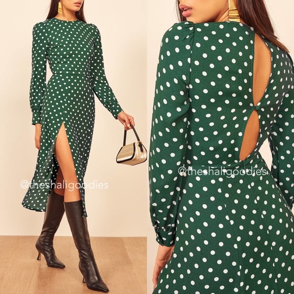 🚫SOLD🚫REFORMATION Creed Dress Green White Polka Dot Midi - Picture 2 of 6